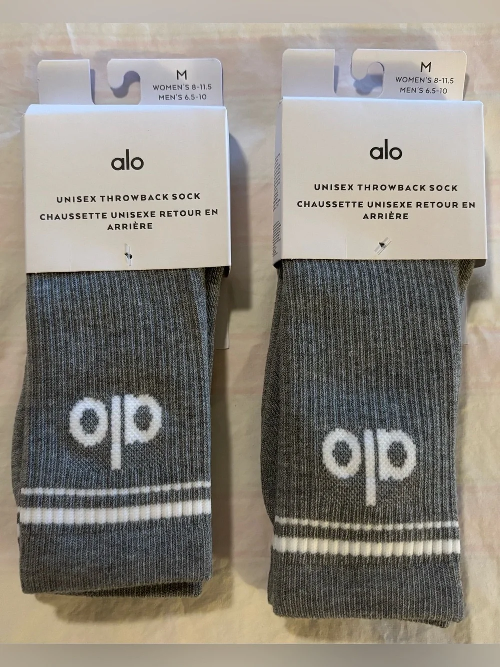 Two Pairs of Alo Yoga Unisex Throwback Sock (Mid-Calf Length) in Size Medium NWT